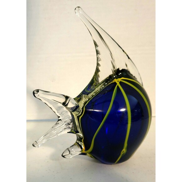 Hand Blown Art Glass Angelfish Paperweight Figurine Cobalt Blue w/ Yellow Stripe - Picture 7 of 9